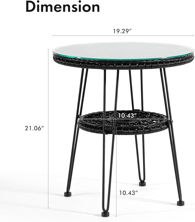 Furniture of America Ysar Boho 19-inch Round Coffee Table Outdoor with Tempered Glass Top and Metal Frame, Handcrafted Coastal Furniture for Patio, Poolside, Garden, Yard, Black