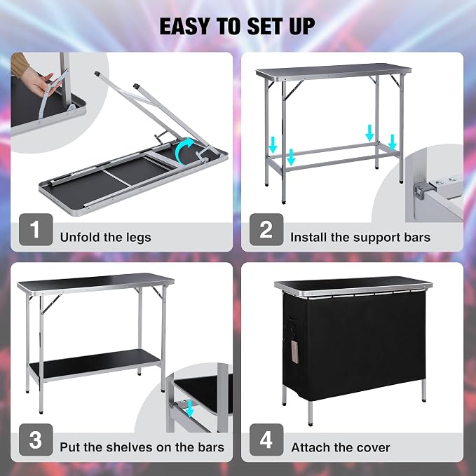 REDCAMP Portable Bar Table with Multi-Color LED Lights, Pop Up Folding Mobile Bar Bartender Table Podium Table for Events, Party, Camping, Tradeshow, Exhibition, Easy Setup, Black,43"x33"x15"