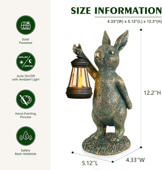 Rabbit Garden Statues with Solar Lantern Bunny Outdoor Resin Sculpture for Patio Yard Lawn Decorations Gifts for Mother’s Day Housewarming Easter