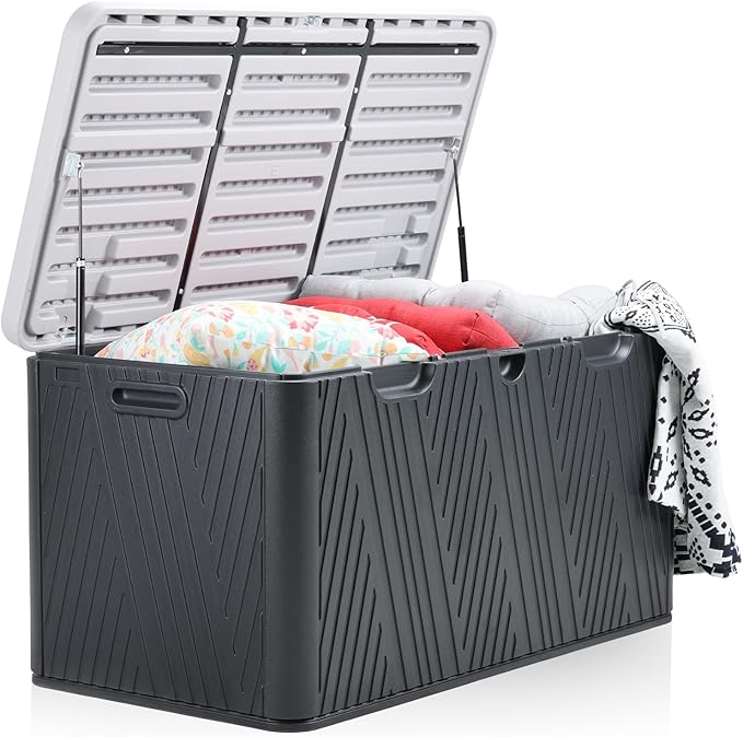 Aoodor 85 Gallon Deck Box, Outdoor Storage Box, Waterproof & Weather-Resistant Lockable, Patio Bench Storage Box for Cushion, Garden Tools, Black