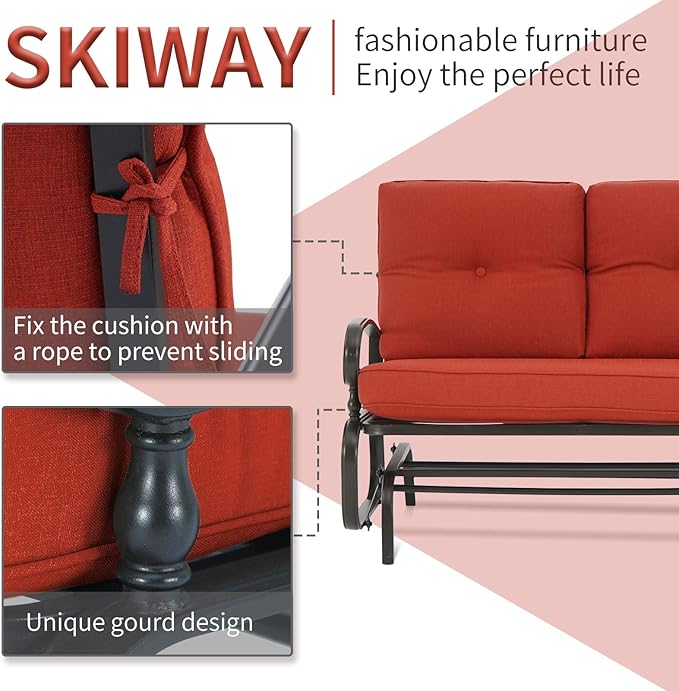 Outdoor Swing Glider Rocking Bench, Garden Loveseat Chair, Patio Steel Frame Chair Wrought Iron Look with Thick Cushion(Red)