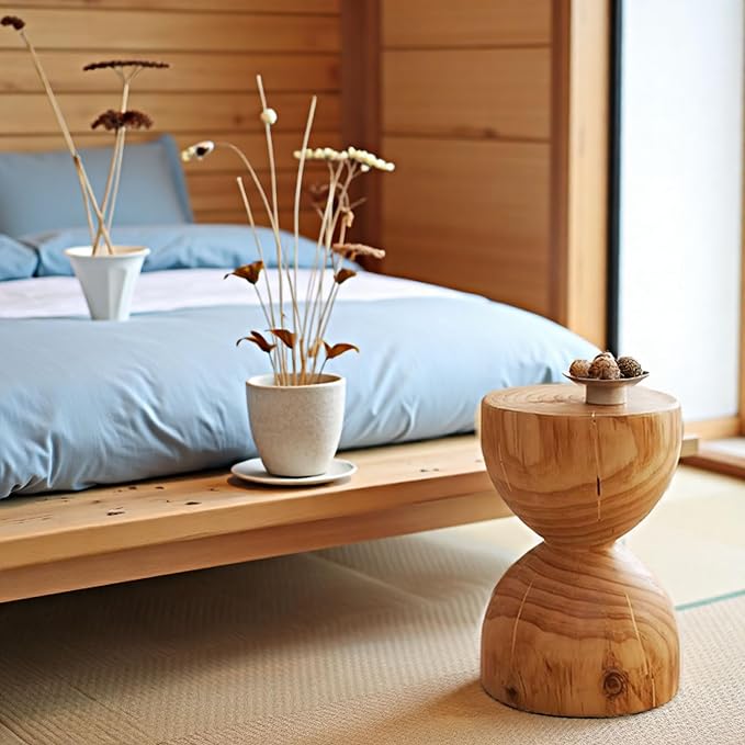 Wood Side Table、Round Wood Coffee Table, Wooden Stool, Side Table, Round end Tables Living Room(Color:Log Color)