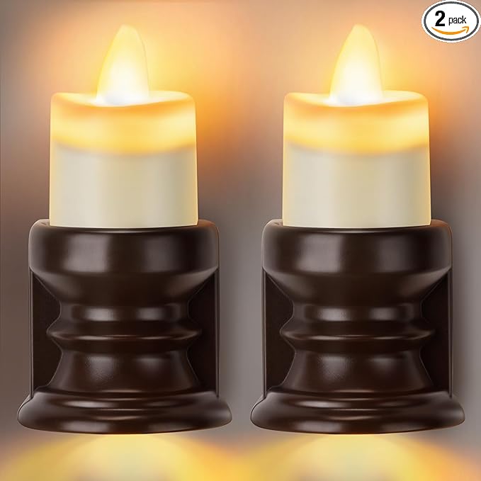 Meonum Flickering Flameless Candle Night Light Plug in, Dimmable LED Nightlight with Dusk to Dawn Sensor, Decorative Candle Light for Bedroom, Hallway, Bathroom(2 Pcs,Warm Yellow & Brown Base)