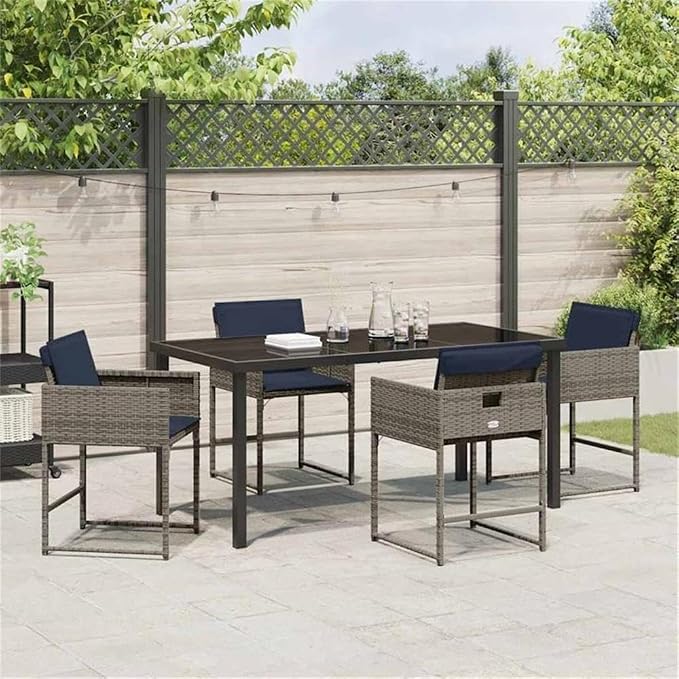 Afuera Living 5 Piece Poly Rattan Patio Dining Set, Gray Finish, Tempered Glass Tabletop, Weather-Resistant Cushions, Powder-Coated Steel Frame, Seating for 4, Modern Style Outdoor Furniture for