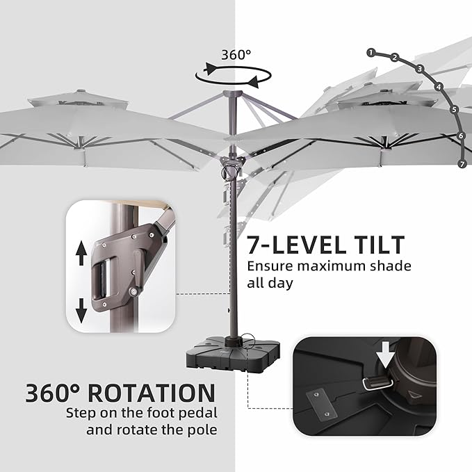 9 X 12 FT Cantilever Outdoor Patio Umbrella with Base Included Large Heavy Duty 360° Rotation Double Top Offset Rectangular Umbrellas with LED Lights for Backyard Outside Deck, Fog Grey