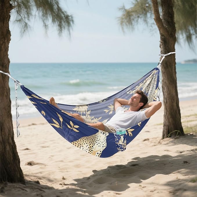 Blue and Gold Leopard Leaves 330lb Capacity Hammocks with Hanging Rope Fabric Hammock for Patio Backyard Lounge Base hamacas para adultos con soporte