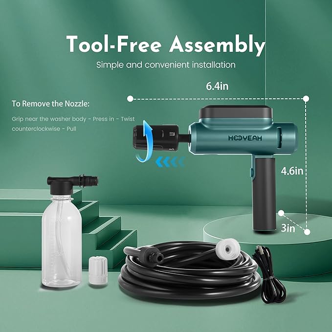 HOOYEAH Portable Cordless Water Sprayer, Lithium Battery Powered Hand-held Sprinkler, Maximum 217 PSI, Five in one Nozzle and Foam Tank, Suitable for Cars, Bicycles, terraces