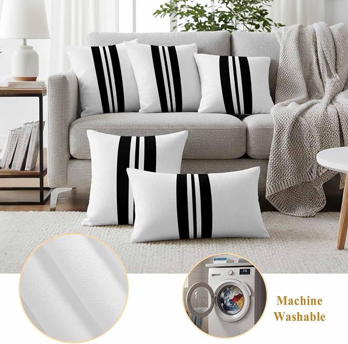 Black Stripes Outdoor Waterproof Throw Pillow Covers Set of 2, 24"x24", Festival Decorative Pillow Covers Outside Cushion Case for Patio Porch Garden