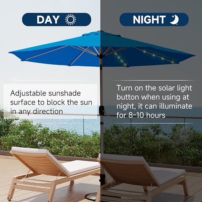 10FT 40-LED Solar Lighted Aluminum Patio Umbrella, Fade-Resistant Outdoor Market Table Umbrella with Push Button Tilt Function, 8 Sturdy All-Aluminum Ribs for Gardens, Decks, Backyards & Pools