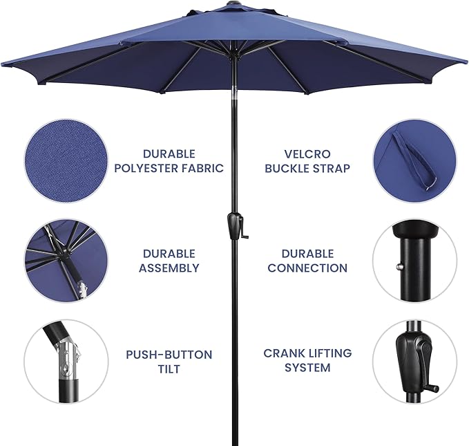 Sun-Ray 9' Round Patio Umbrella with Push-Button Tilt and Hand Crank Lift System, Market Umbrella for Porch, Deck, and Patio