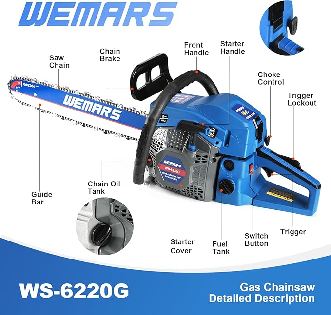 Gas Chainsaw 62CC 20 Inch Gas Powered Chainsaws 2-Cycle Gasoline Handheld Cordless Petrol Chain Saws for Cutting Wood Tree Trimming Garden and Farm Use