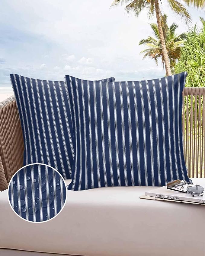 Outdoor Waterproof Throw Pillow Covers 24x24in, Nautical Stripes Cushions for Garden Patio Furniture Chairs Set of 2, Navy Blue Home Decor Couch Sofa Polyester Pillow Cases