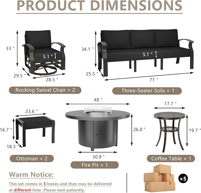 ALAULM Aluminum Patio Furniture Set with Round Propane Fire Pit Table 7-seat Metal Outdoor Furniture w/Swivel Chairs & 2 Ottomans Patio Sectional Sofas for Patio, Lawn, Poolside（Black