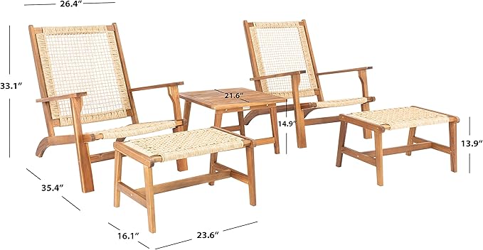 SAFAVIEH Outdoor Collection Chantelle Acacia Wood Woven Rattan 5-Piece Patio Set PAT7076A, Natural/Light Brown