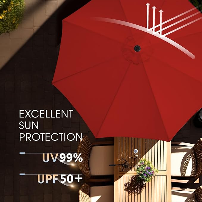 wikiwiki 10 FT Patio Umbrellas Outdoor Table Market Umbrella with Push Button Tilt/Crank, 8 Sturdy Ribs, Fade Resistant Waterproof POLYESTER DTY Canopy for Garden, Lawn, Deck, Backyard & Pool, Red