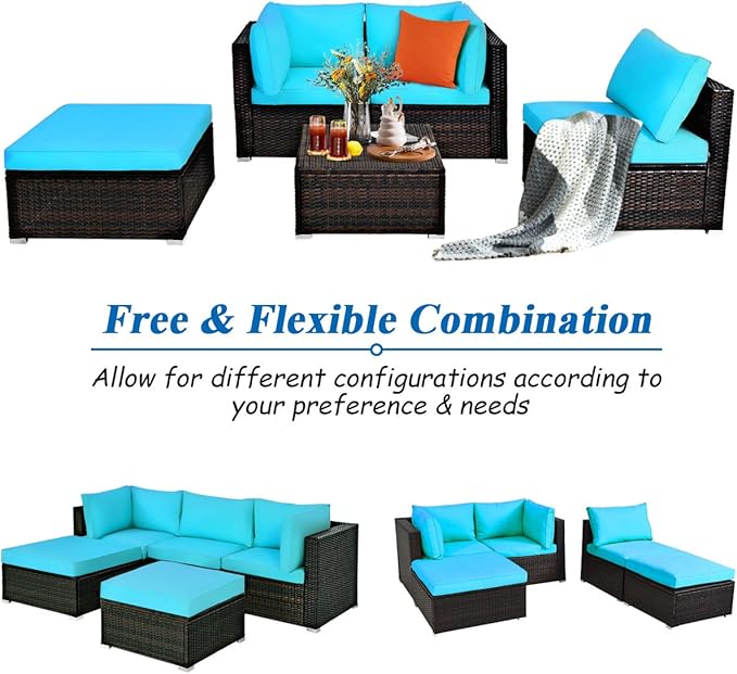 Tangkula 5 Piece Patio Furniture Set, Outdoor Sectional Rattan Sofa Set with Cushions and Coffee Table, Suitable for Backyard Porch Garden Poolside and Deck, Wicker Conversation Set (Turquoise)