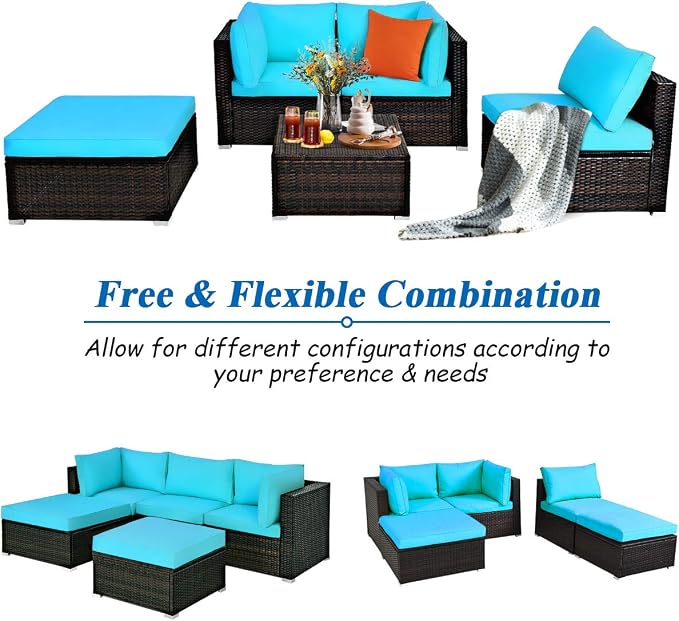 DORTALA 5 Pieces Patio Rattan Furniture Sets, Sectional Sofa Conversation Set w/Steel Frame & Sponge Cushions, Modern Wicker Combination Sofa Set w/Ottoman & Table for Garden Lawn Balcony, Turquoise