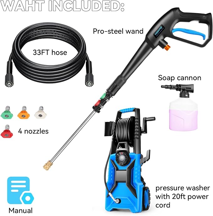 5000 PSI Adjustable Electric Pressure Washer, Power Washer with 33ft Hose, 4 Nozzle and 500ml Detergent Tank for Cars/Driveway/Patio/Fence/Garden, Blue