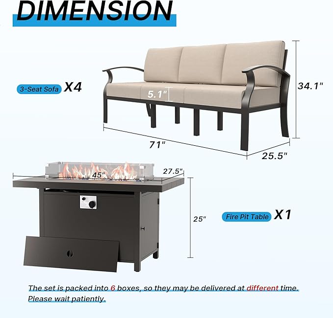 Gotland Aluminum Patio Furniture Set with Fire Pit Table, Metal Patio Furniture with 12 Seats Waterproof 5.1'' Seat Cushions, Oversized Outdoor Sectional Conversation Sets for Balcony Porch Khaki