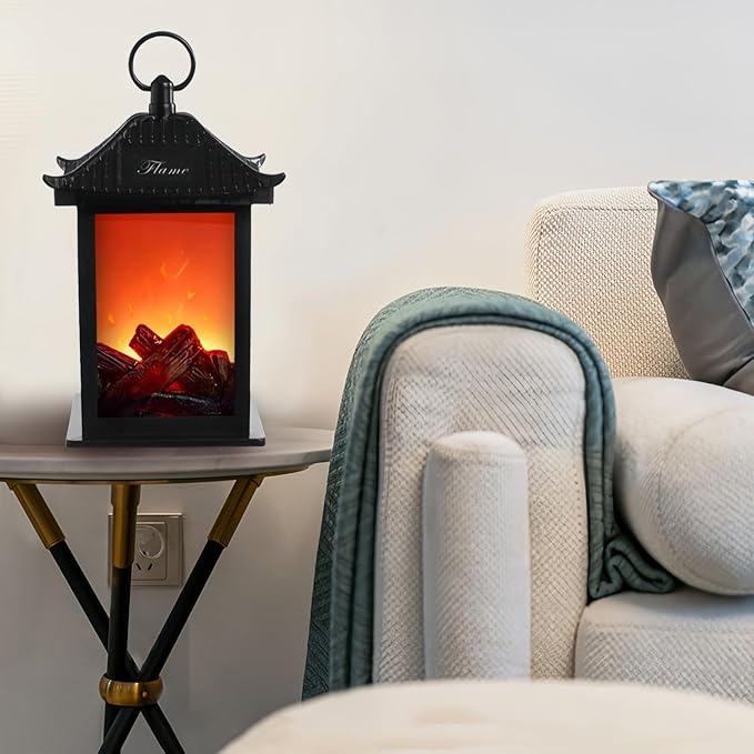 Simulated LED Fireplace Lantern Battery Powered Flameless Light with Simulation Flame Table Decorative Lamp Mini Fireplace Ornament for Cozy Home Decor Free Standing Electric Log Burner