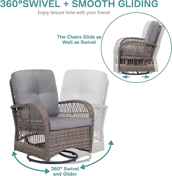 MEETWARM 7 Pieces Outdoor Patio Rattan Furniture Sets, All Weather Patio Wicker Conversation Set- 2 Rocking Glider, 2 Swivel Chairs, 1 Loveseat Glider w/Cushions, 2 Glass-Top Coffee Table, Gray