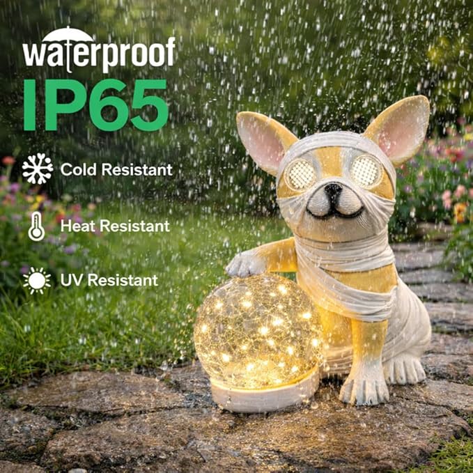 Solar Garden Lights Outdoor Decor, Waterproof Dog Statue with Crackle Glass Ball, for Walkways, Backyards, Patios, and Lawn Pathways, Yard Ornament for Mom and Grandma