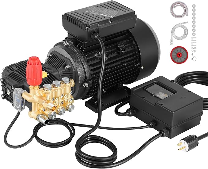 VEVOR Electric Pressure Washer Pump Kit, 1950 PSI, 3.2 GPM, Triplex Power Washer Pump with 5 HP Motor 240 V, Adjustable Water Pressure, for Washing Cars, Gardens, Exterior Walls, Machinery Equipment