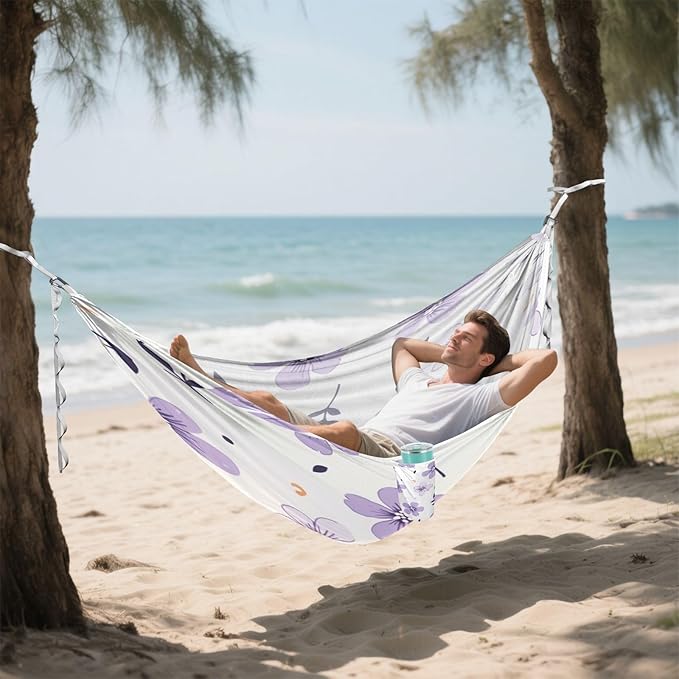 Qilmy Purple Flower Camping Hammock Single – 330 lbs Capacity, Lightweight with Tree Straps & Carabiners, Portable for Hiking, Travel, Backpacking