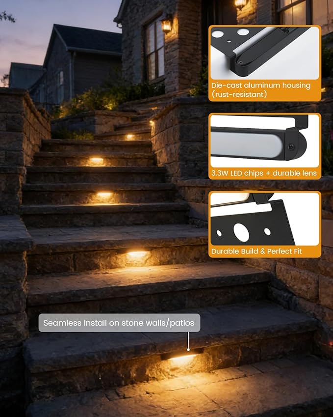 6-Pack Low Voltage LED Step Lights (5.51×3.11×0.93 in) - 3.3W Die-Cast Aluminum Stair Lighting with Patent Connector, Wet Location Safe Outdoor Steps