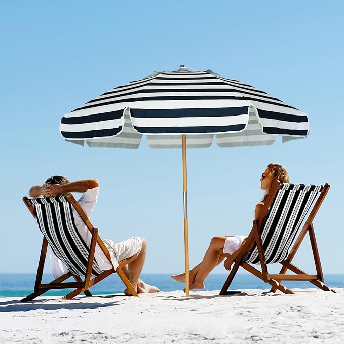 AMMSUN 7.5ft Heavy Duty HIGH Wind Beach Umbrella Commercial Grade Patio Beach Umbrella with Air Vent Ash Wood Pole & Carry Bag UPF50+ Protection Navy Stripe