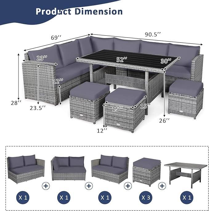RELAX4LIFE 7 PCS Wicker Patio Furniture Set, Outdoor Rattan Sofa Set with Dining Table & Ottomans Soft Cushions for Backyard Garden Poolside Balcony, Sectional Conversation Couch Set (Gray)