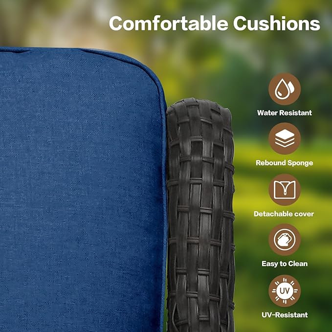 3 Pieces Patio Furniture Conversation Set PE Rattan Wicker Outdoor with 2 Armrest Chair and 1 Coffee Side Table, Soft Thick Washable Cushion for Yard Backyard Poolside (Brown/Navy Blue)