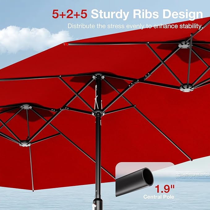 Joyside 15FT Large Patio Umbrella, Outdoor Double Sided Umbrella, Rectangle Umbrella with Crank Handle, 12 Sturdy Ribs for Deck, Porch and Pool