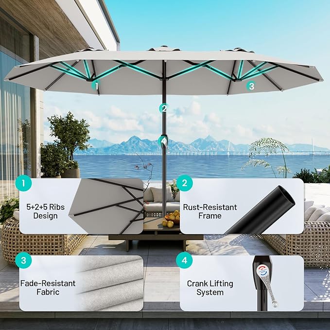 AreShark 15ft Patio Umbrella with Base, Double Sided Outdoor Umbrella with 12 Fiberglass Ribs, Large Outdoor Umbrella for Garden, Pool, Deck, Backyard & Market, Light Grey