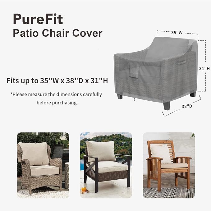 PureFit Outdoor Chair Covers Waterproof Patio Furniture Lawn Chair Covers for Outdoor Furniture with Air Vent and Padded Handles, Fits up to 35W x 38D x 31H Inches, Gray