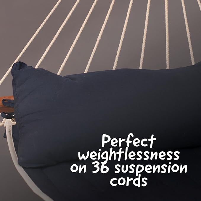 LA SIESTA® Alabama Quilted Hammock with Spreader Bar & TreeMount, Fabric Tree Hammock with Tree Straps for Beams Posts - Weatherproof Outdoor Hammock - 2 Person Double Hammock Bed - XL King, Navy Blue