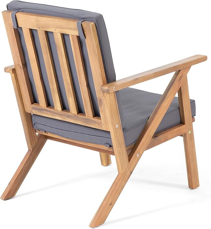 Christopher Knight Home Panama Outdoor Acacia Wood Chat Set with Water Resistant Cushions, 4-Pcs Set, Teak Finish / Grey
