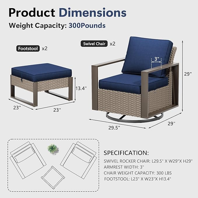 4 Piece Patio Furniture Set, Outdoor Swivel Rocker Patio Chairs and Ottoman, Metal Patio Furniture with Deep Seating, Thicken Cushions for Deck, Porch, Yard Use (Blue, 4 PCS/Swivel)