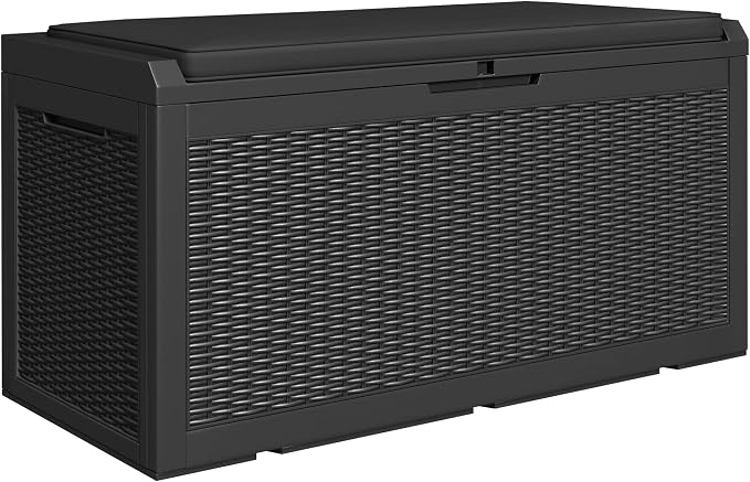Greesum 100 Gallon Resin Deck Box Large Outdoor Storage for Patio Furniture, Garden Tools, Pool Supplies, Weatherproof and UV Resistant, Lockable, Black