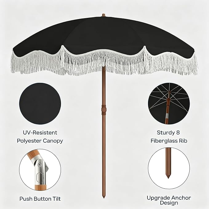 7FT Patio Umbrella with Fringe, Outdoor Tassel Umbrella with Fiberglass Ribs, Boho Beach Umbrella, Push Button Tilt and Carrying Bag, UPF50+
