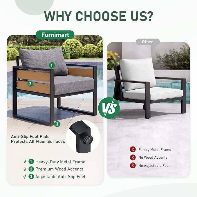 Furnimart Patio Furniture Set, 2-Piece Metal Outdoor Sectional, 2-Seat Patio Conversation Set with Deep Seating, Thick Cushions & Coffee Table for Backyard, Porch & Deck, Gray