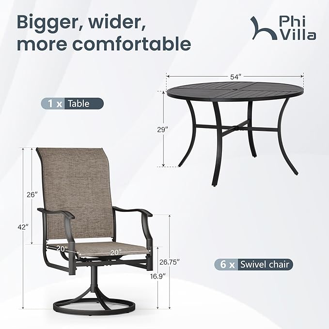 PHI VILLA 7 Piece Outdoor Patio Dining Set with 6 Padded High Back Patio Swivel Chairs & 1 Large 54" Round Dining Table, All Weather Patio Table and Chairs for Lawn Deck Garden