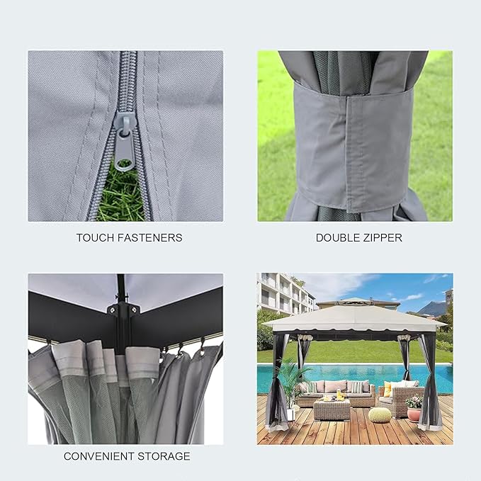 10' x 12' Gazebo Universal Replacement Mosquito Netting,Grey Outdoor Canopy Net Screen 4-Panel Sidewall Curtain, with Zippers,Mosquito Netting（Only）
