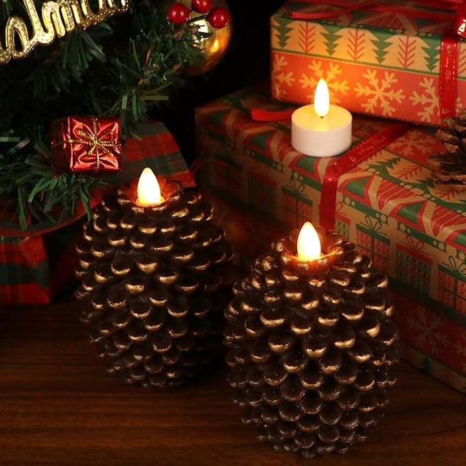 LED Flameless Pinecone Candles with 6H Timer, Battery Operated Waxy Pillar Candles, 2 Pack Christmas Candles Flickering Acorn Decor Woodsy Home Décor Christmas Gifts(Brown, 3.5 x 4.7 Inch)