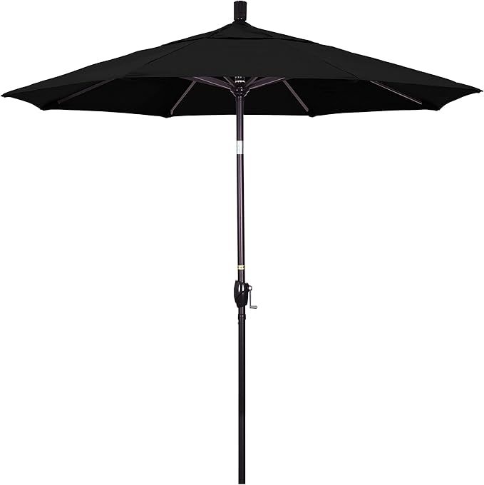 California Umbrella 7.5' Round Aluminum Market Umbrella, Crank Lift, Push Button Tilt, Bronze Pole, Canvas Black