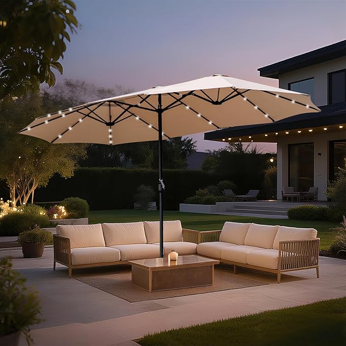 15ft Double Sided Patio Umbrella with Solar Lights, Outdoor Large Umbrellas with Crank Handle and 36 LED Lights, Rectangular Market Umbrella with Base Included for Deck Pool Shade (With Base)