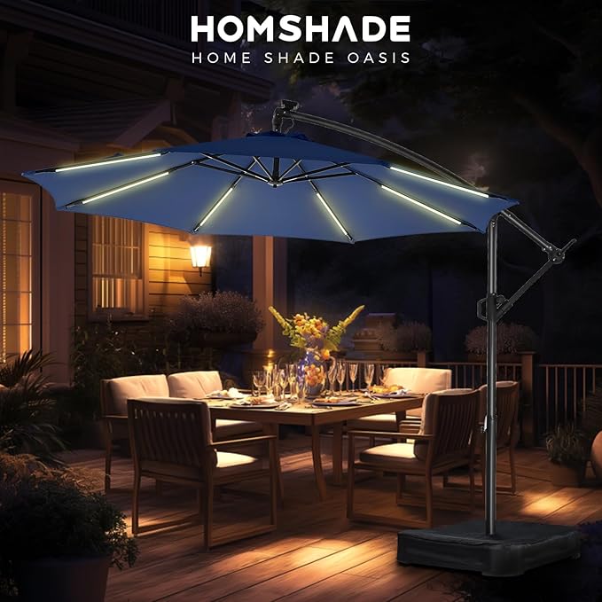 HOMSHADE 10ft Solar Lights Offset Cantilever Patio Umbrella - with Light and Base, LED Lighted Offset Hanging Patio Outdoor Market Umbrella UPF50+ UV Protection with Easy Tilt and Crank (Navy Blue)