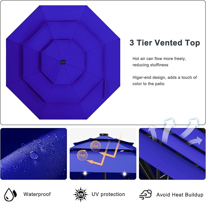 ABCCANOPY 3-Tiers 11FT Solar Patio Umbrella, Outdoor Umbrella with 32 LED Lights for for Deck, Pool, Garden, Backyard (Blue)