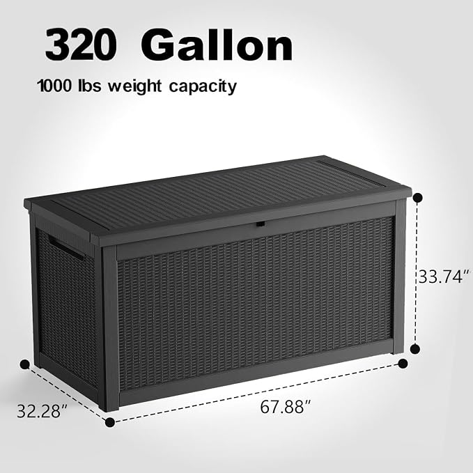 DRATO 320 Gallon Deck Box, Outdoor Large Waterproof Resin Storage Box with Lockable Lid for Patio Cushions, Gardening Tools (Black, 320 Gallon)