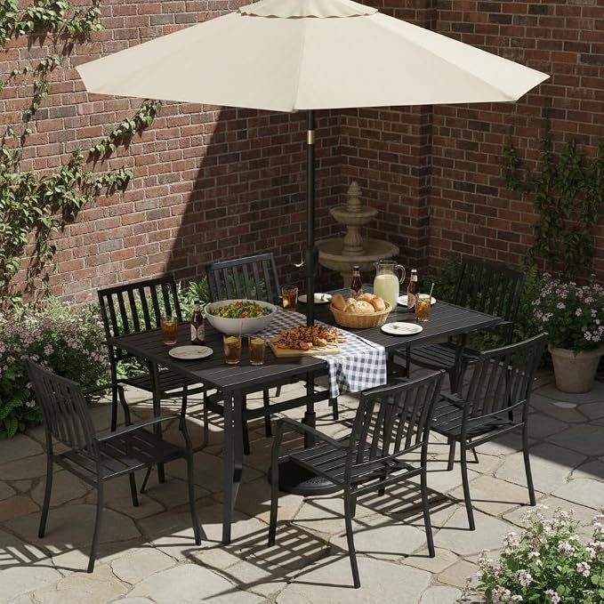 Tangkula 63" x 33" Metal Patio Dining Table for 6, Rectangle Heavy Duty Outdoor Dining Table with Umbrella Hole, 6-Person Outside Dining Furniture for Porch, Garden, Balcony and Backyard